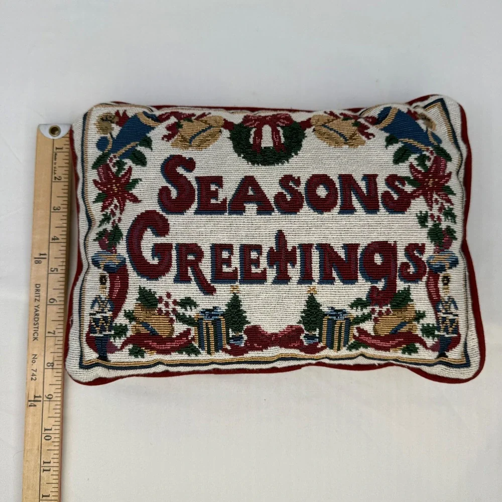 Vintage Seasons Greetings Tapestry Christmas Accent Pillow Woven Holiday Decor
